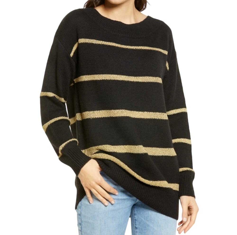 NEW Treasure & Bond Metallic Gold Striped Sweater in Black - Gold Size Medium